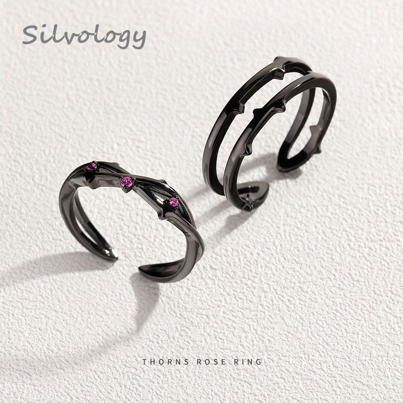 Silvology 925 Sterling Zilveren Doornen Rose Paar Ringen Rode Zirkoon Romantische Ringen valentijnsdag Cadeau Voor Vrouwen Zomer Sieraden