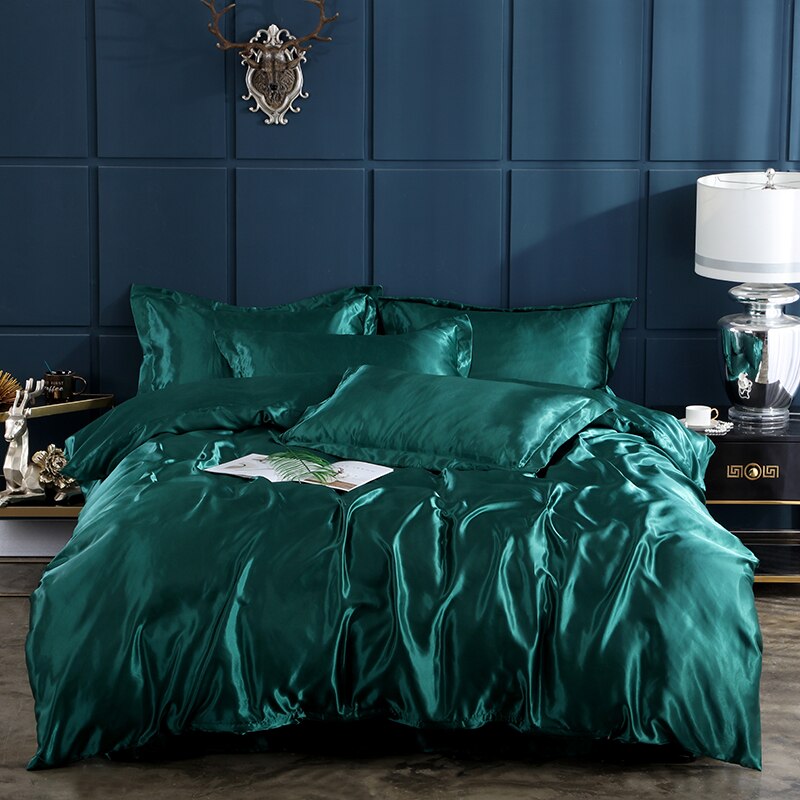 Siden satintryckta platta lakan set lakan överdrag med påslakan och örngott 4 st set lakan komplett set drap de lit: Mörkgrön / 180cm*230cm