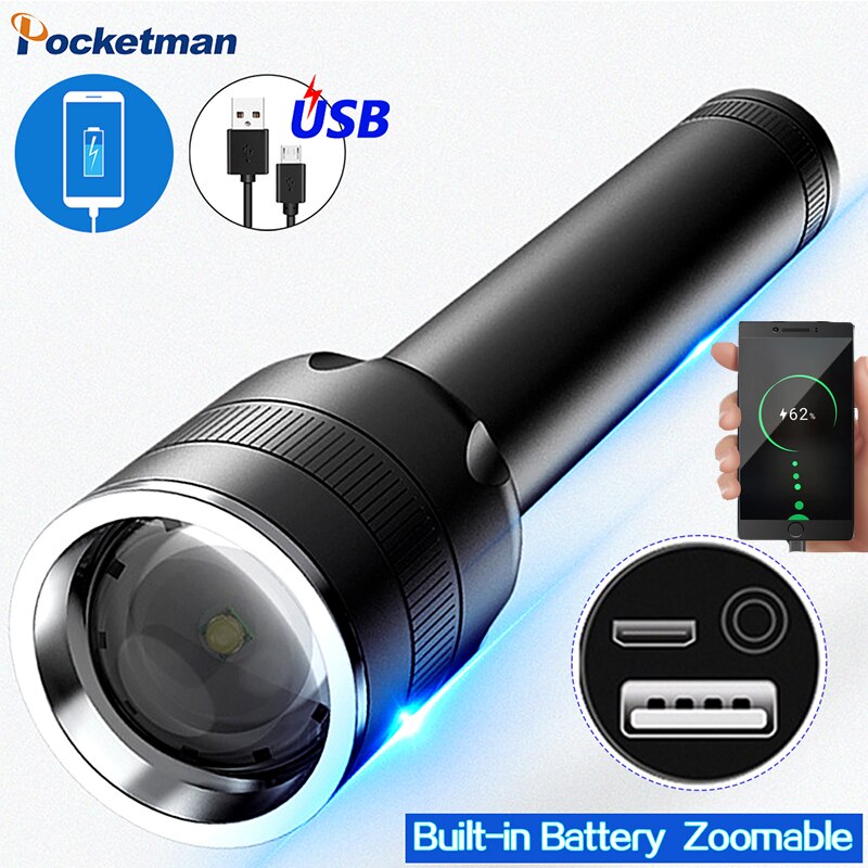 USB Rechargeable LED Flashlight With Q5 T6 LED Built-in 1800mAh lithium battery Waterproof camping light Zoomable Torch outdoor