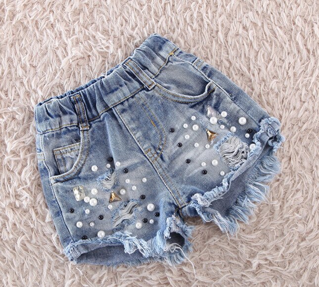 Baby girls jeansshorts pärlhål jeans byxor mjuka sommar barn jeans shorts barnkläder: 6