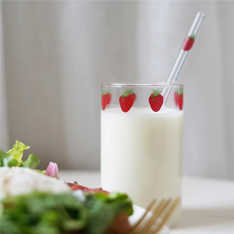 300Ml 10Oz Hoge Borosilicate Leuke Aardbeien Water Melk Drinken Glazen Cup Met Stro: 1pcs