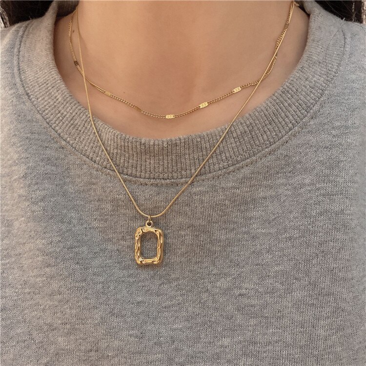 Xialuoke Bohemen Geometrische Metalen Rechthoek Hanger Dubbele Ketting Ketting Voor Vrouwen Retro Hip Hop Rock Ketting