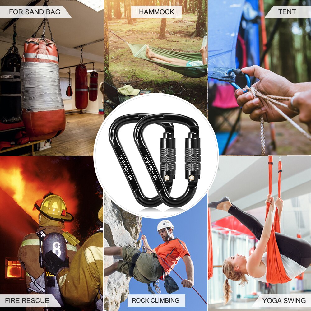 2pcs 25KN Screw Locking Gate Carabiner Snag Free Clip D-shape Carabiner Quick Clip Climbing Backpacking Rappelling
