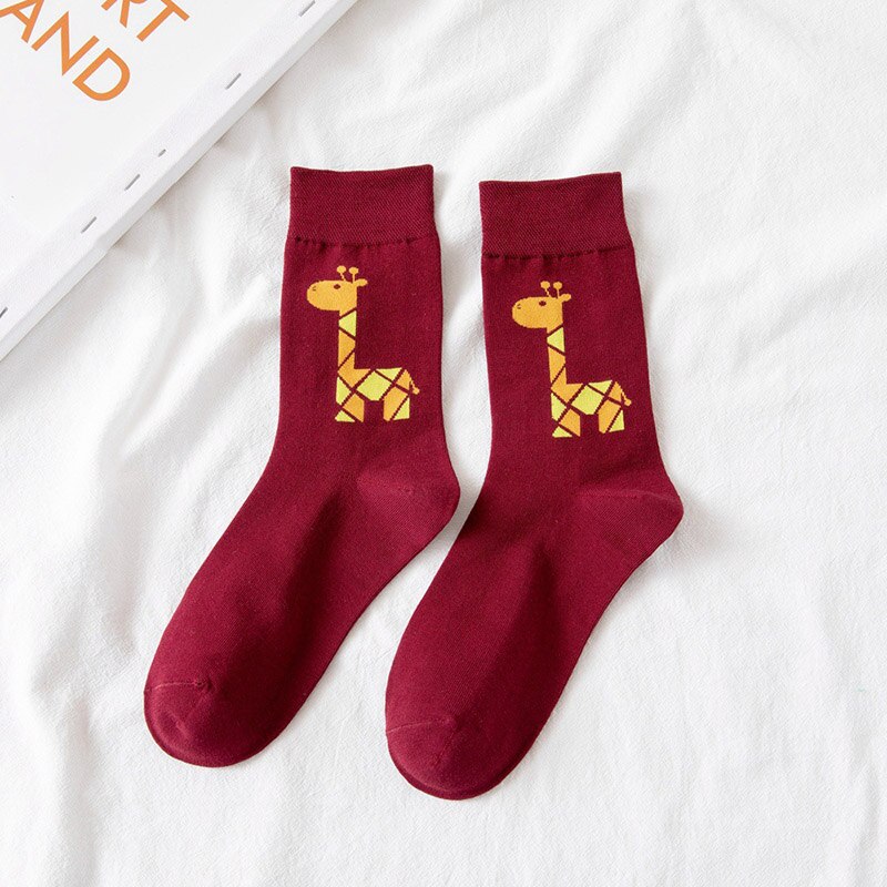 Calcetines largos de algodón con dibujos de animales y jirafa para mujer, para Otoño e Invierno: wine red