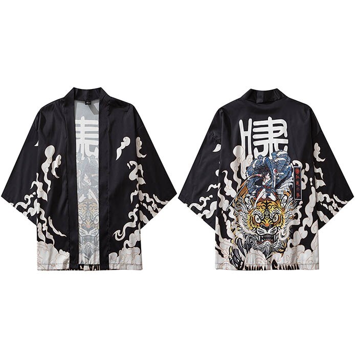 Chaqueta Kimono japonesa Tiger Samuri Harajuku Hip Hop para Hombres estilo japonés, ropa de calle, chaqueta de verano, ropa fina, Kimono Suelto: Asian L