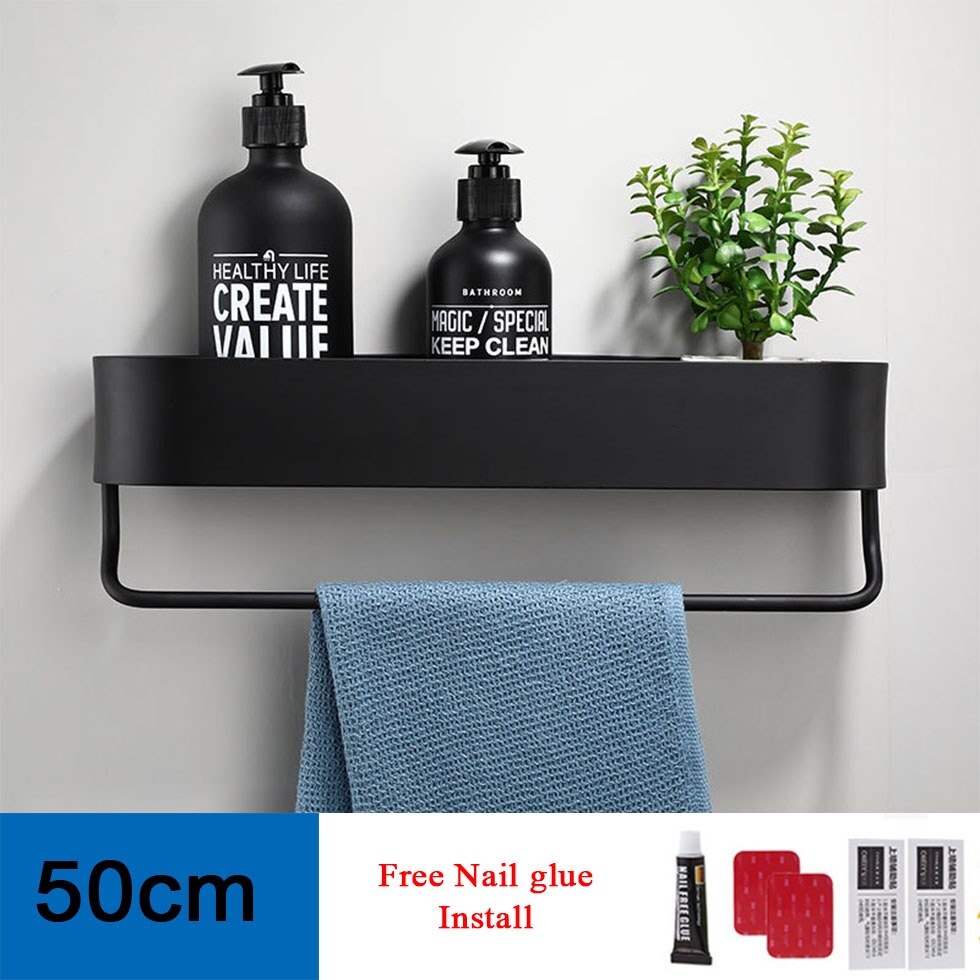 Zwarte Badkamer Plank 30-50 Cm Lengte Keuken Muur Planken Douche Mand Opslag Rack Handdoek Bar Robe Haken Badkamer accessoires: 50cm with bar