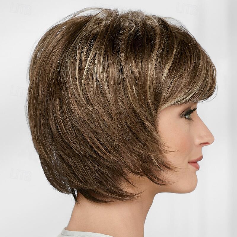 Hairjoy synthetische korte steile pruiken voor blanke vrouwen, gemengde bruine pruiken met pony, korte haarpruiken