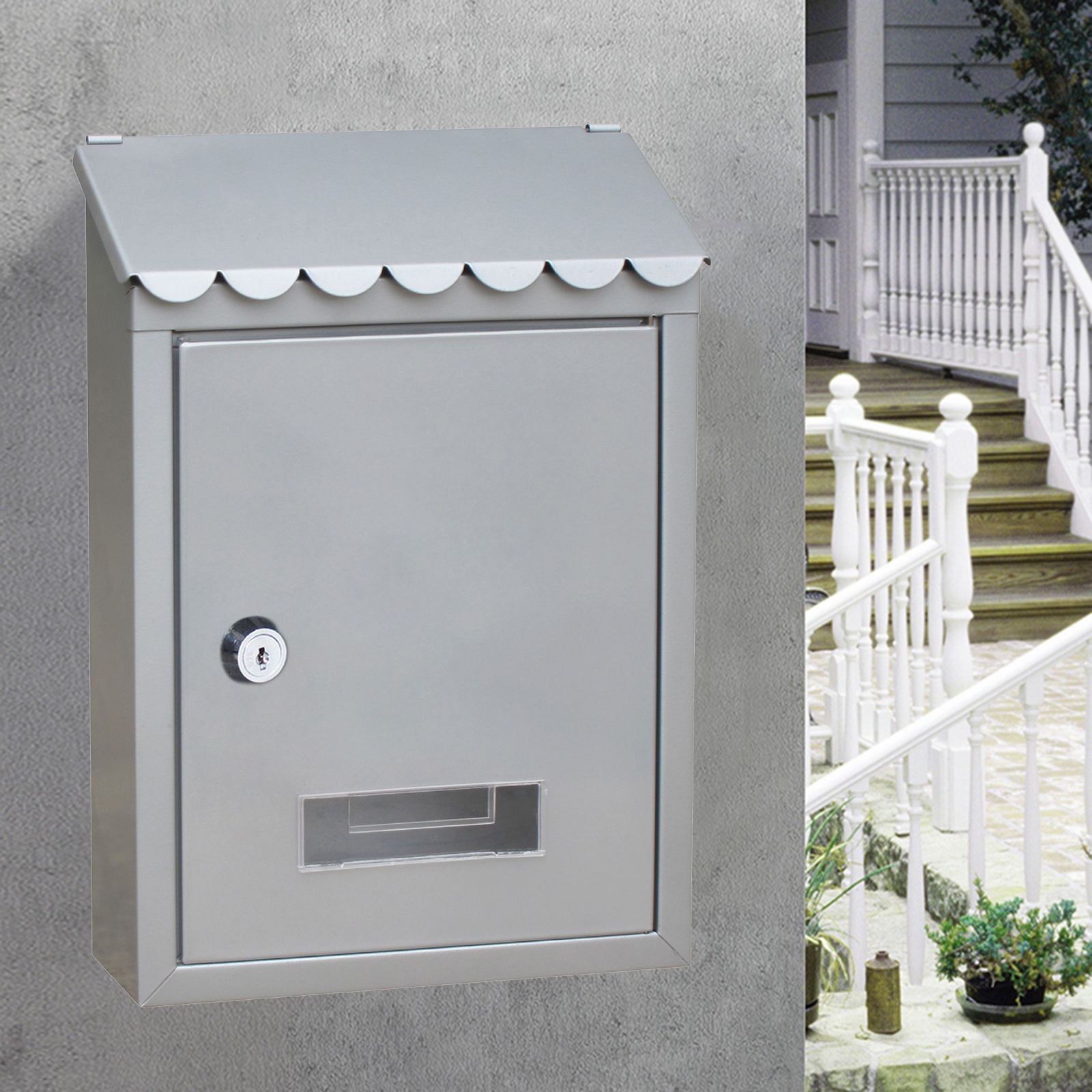 Metal Rustproof Post Box Wall-Mounted Key Locking Premium Mailbox with Top-Loading Letter Slot Box Case: Silver