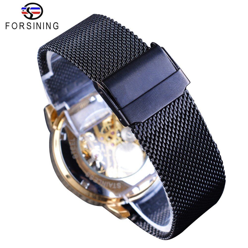 Forsining Classic Retro Luxe 3D Romeinse Aantal Zwarte Mesh Band Transparant Mannen Mechanische Skelet Horloges Top Luxe