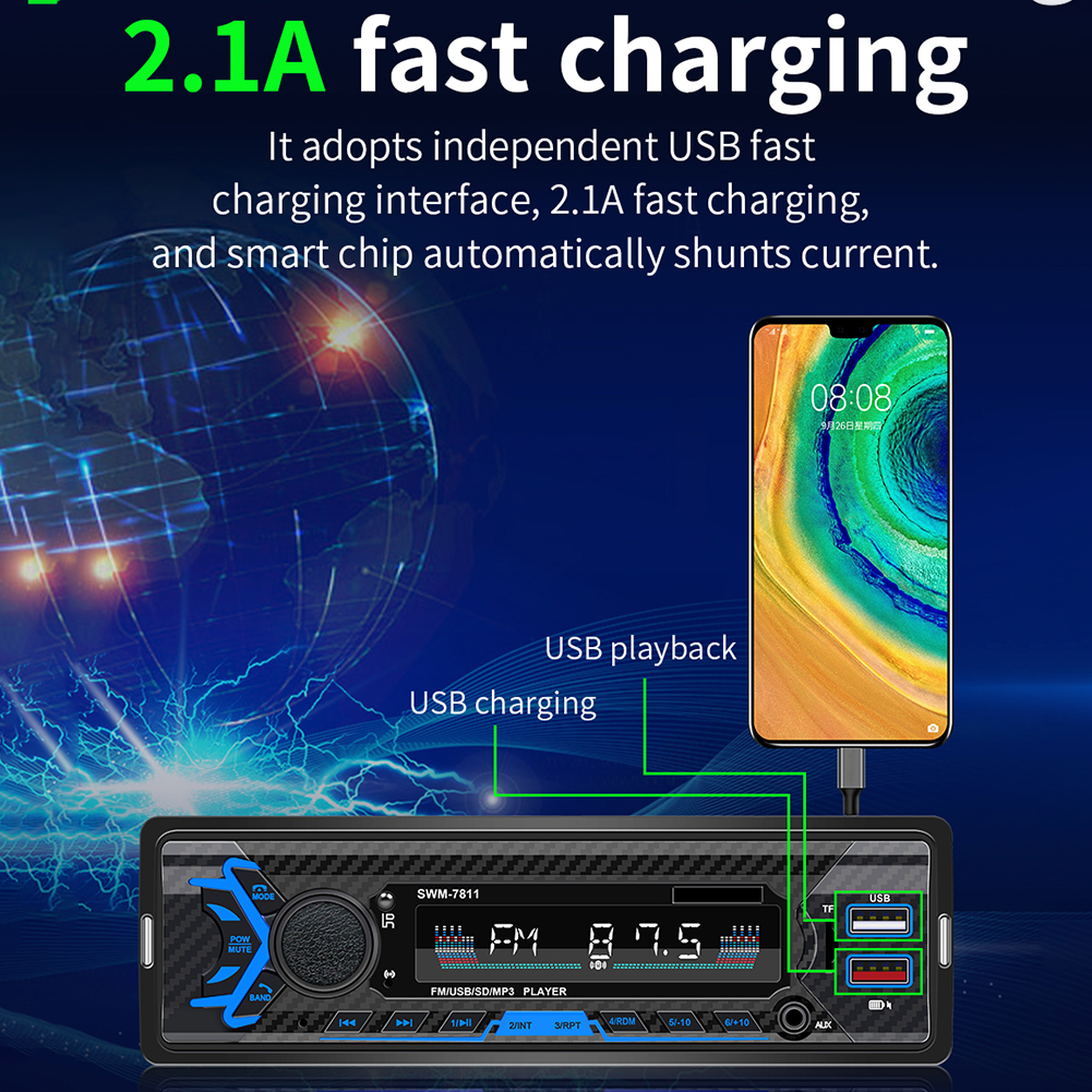 SWM-7811 Car Stereo Bluetooth-compatible AUX-in FM Radio Digital Media Receiver Single 1 DIN In Dash Head Unit Support Voice Con