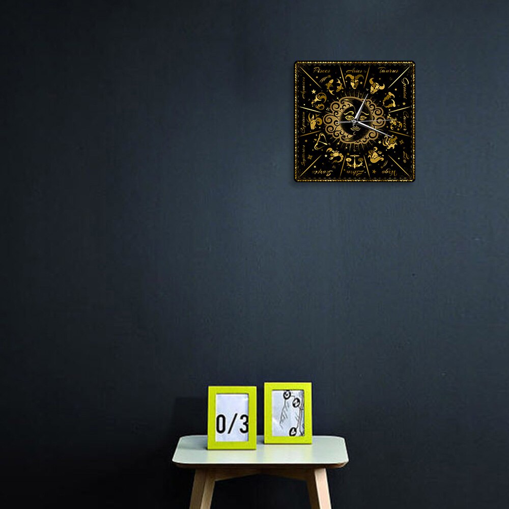 Retro Style Zodiac Signs Horoscope Astrology Decoration Square Wall Clock Abstract Astronomy Acrylic Large Wall Hanging Watch