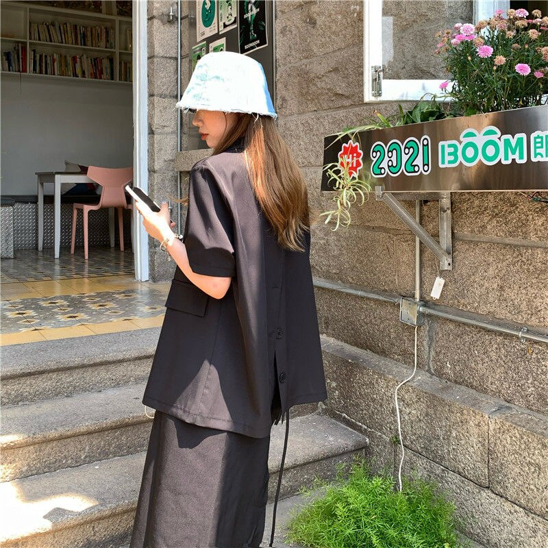 Blezery damskie jednolity, z nacięciem dwurzędowy modny workowaty koreańnarty styl wypoczynek lato z krótkim rękawem cały mecz elegancki prosty: czarny / S