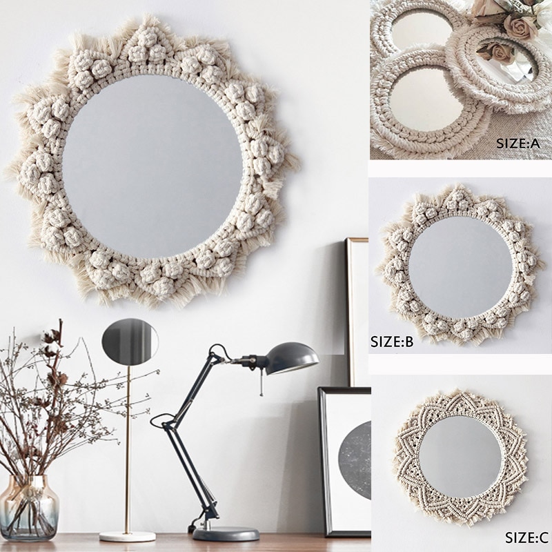 Bohemisk dekor vägg hängande vardagsrum speglar cirkel stor blomma vintage glas macrame mandalahome sovrum vägg deor spegel