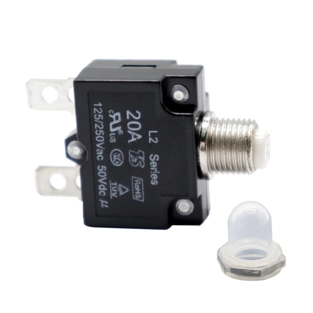 20 Amp Push Button Circuit Breaker 50V DC or 250V AC, Mounts in 3/8 inch (10 mm) Round Hole, Transparent Button Cap