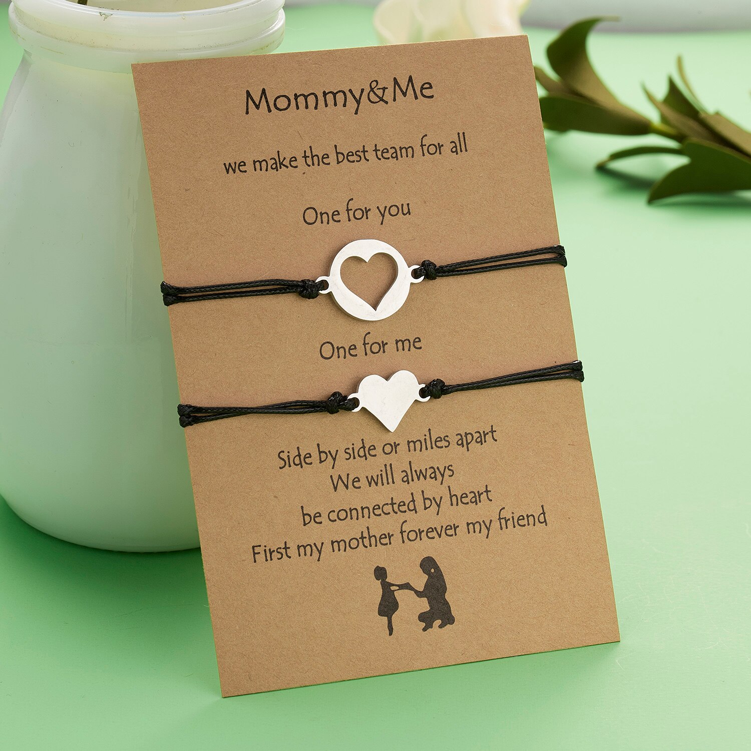 2pcs/set Heart Circle Beads Charm Bracelets For Women Girls Handmade Black Thread Bracelets Jewelry With Card Mother's Day