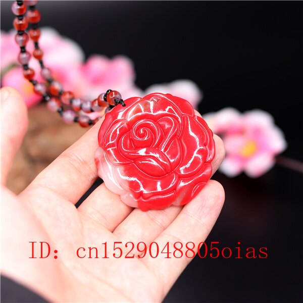 Natuurlijke Rood Wit Chinese Jade Rose Hanger Ketting Charm Jadeïet Sieraden Mode Accessoires Gesneden Amulet Voor Vrouwen