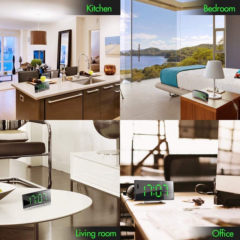 Digital Alarm Clock, 7 Inch Curved Dimmable LED Sn Digital Clock for Kids Bedroom, Green Large Number Clock, Lightweight Sma