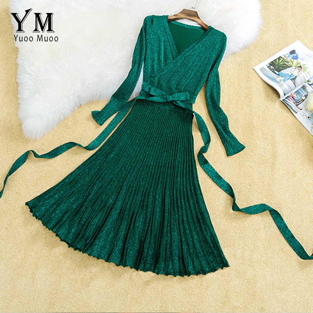 YuooMuoo Europese Stijl V-hals Elegante Vrouwen Herfst Jurk Shine Groene Gebreide Jurk Geplooide Winter Dames Jurk: Groen