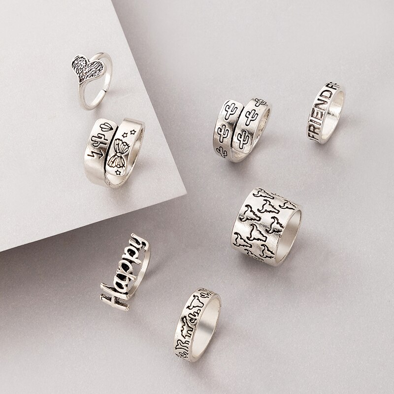 Docona 7 Stks/set Vintage Bull Hoorn Vlinder Ringen Voor Vrouwen Cactus Hart Brief Gelukkig Geometrie Ring Set Sieraden Anillos 20891