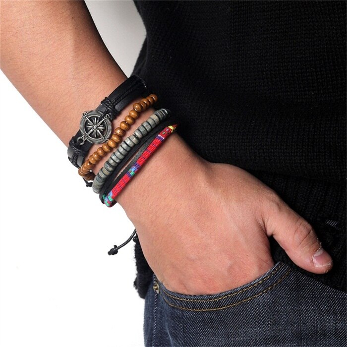 Wood Bead Male Multilayer Leather Bracelet Men Braided Rope Wrap Bracelets Bangles Pulseira Masculina Jewelry Pulsera: S326