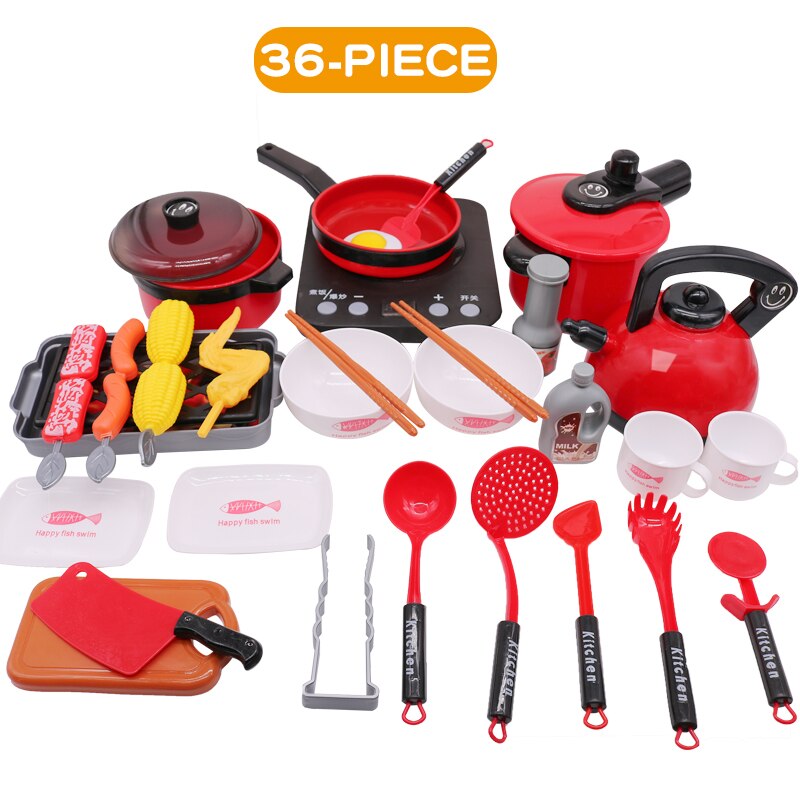 10-44Pieces Children Kitchen Toy Set Cookware Pot Pan Kids Pretend Cook Play Toy Simulation Kitchen Utensils Toys Children: 36pcs red