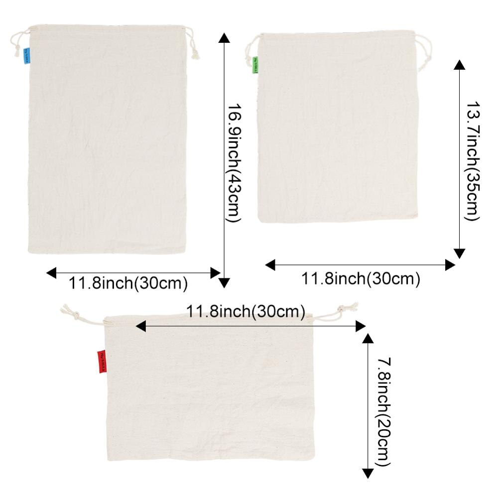 Bolsas de malla de algodón ecológicas para vegetales, bolsas de producción reutilizables, cesta para frutas y verduras, almacenamiento de cocina, bolsa ecológica para verduras: 3 x muslin bulk bags