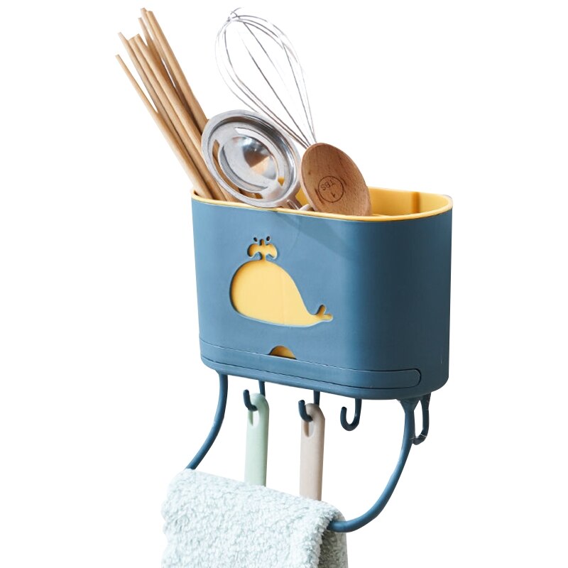 Multi-use Kitchen Organizer Wall Mounted Utensil Rack Flatware Drying Rack Sink Caddy with Hooks &amp; Towel Rack Punch-free: blue yellow