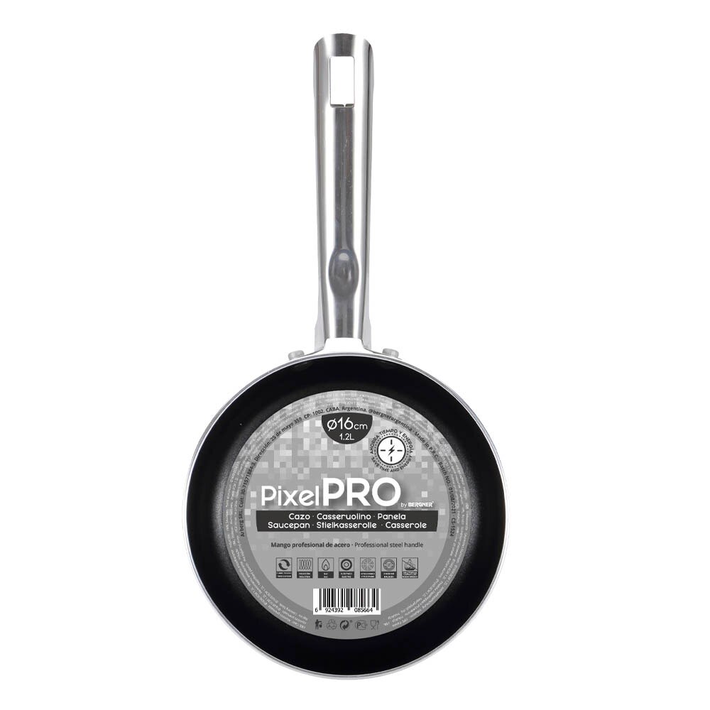 Cazo industrial Pixel Pro, 16x8cm, 1.3L, doble capa de antiadhernete negro, aluminio prensado, fondo de inducción por puntos, mango de acero inoxidable, cazo cocina, cazos de cocina