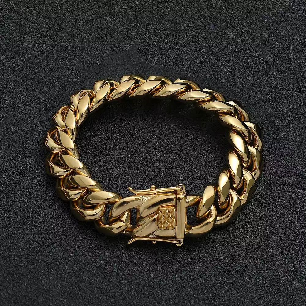 Men Stainless Steel Bracelet 6-14mm 18 K Gold Plated Miami Cuban Link Charm Bracelet For Men Pulsera Acero Inoxidable: 16.5cm / Gold-color