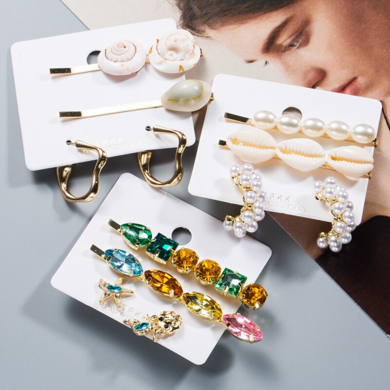 Find Me Shell Rhinestone Earrings Hairpins Jewelry Set for Women Simple Alloy Imitation Pearl Hair Clips Accessories
