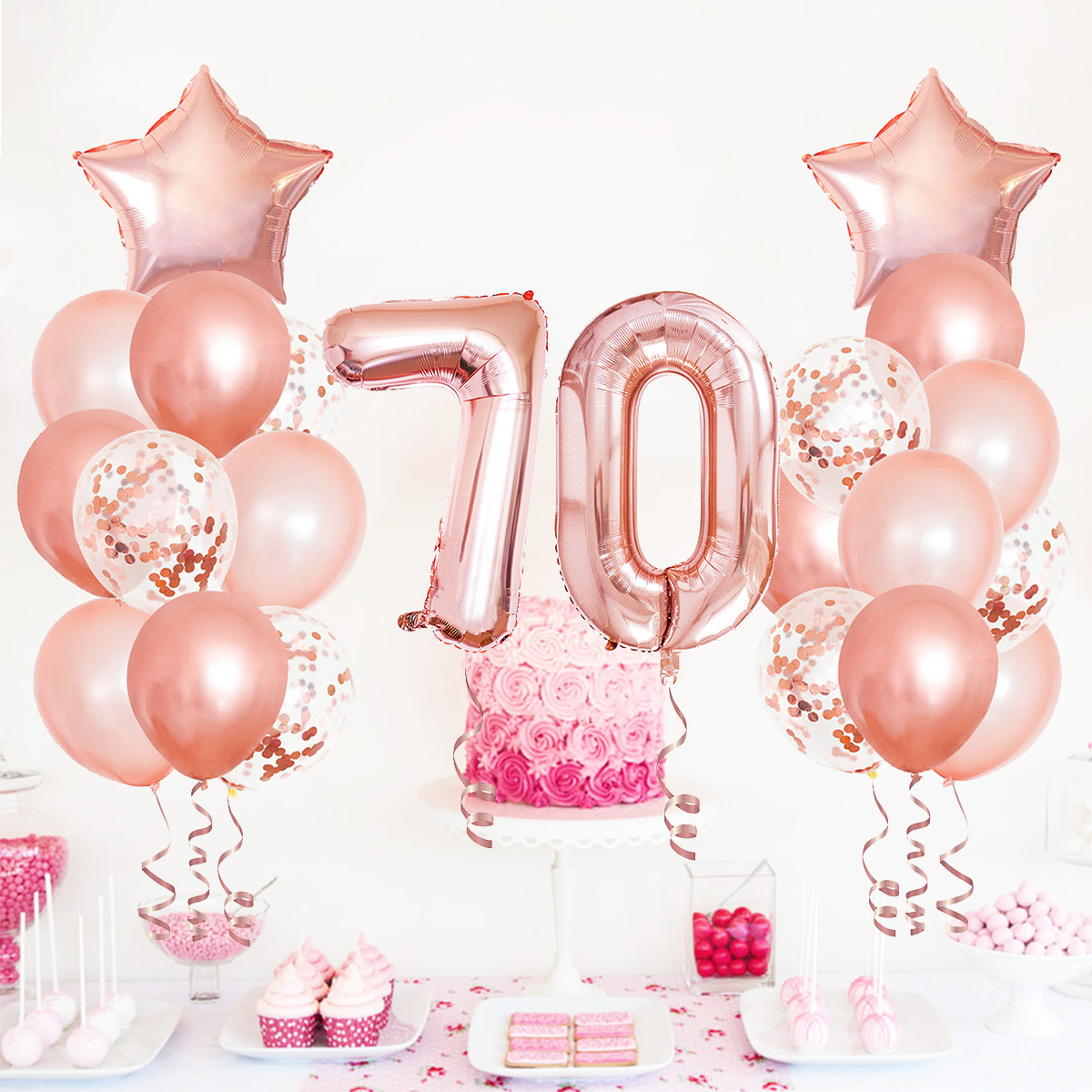 Juego de globos mixtos de oro rosa de 25 piezas, decoraciones para de 70 cumpleaños, decoración para de cumpleaños de mujer de 70 años