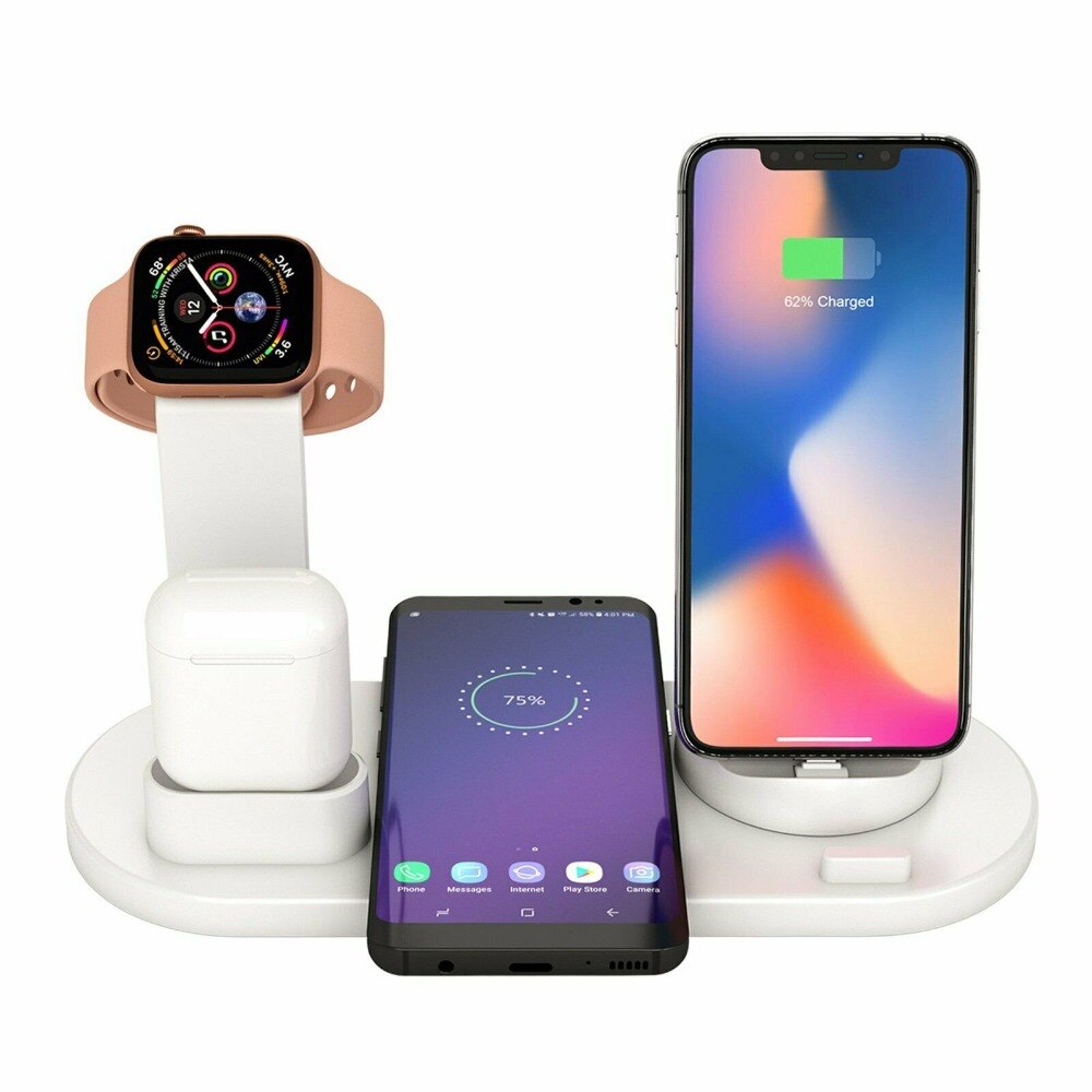 4 in 1 langaton laturi iphone x xs max  xr 8 qi pikalataustelakointiasema airpodille android älypuhelinteline apple kellolle: Valkoinen
