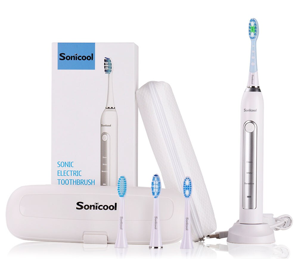 Sonicool 051B Electric Toothbrush Sonic USB Rechargeable Ultrasonic Three Modes Tooth Brushes With 4 Pcs DuPont Brush Heads: White