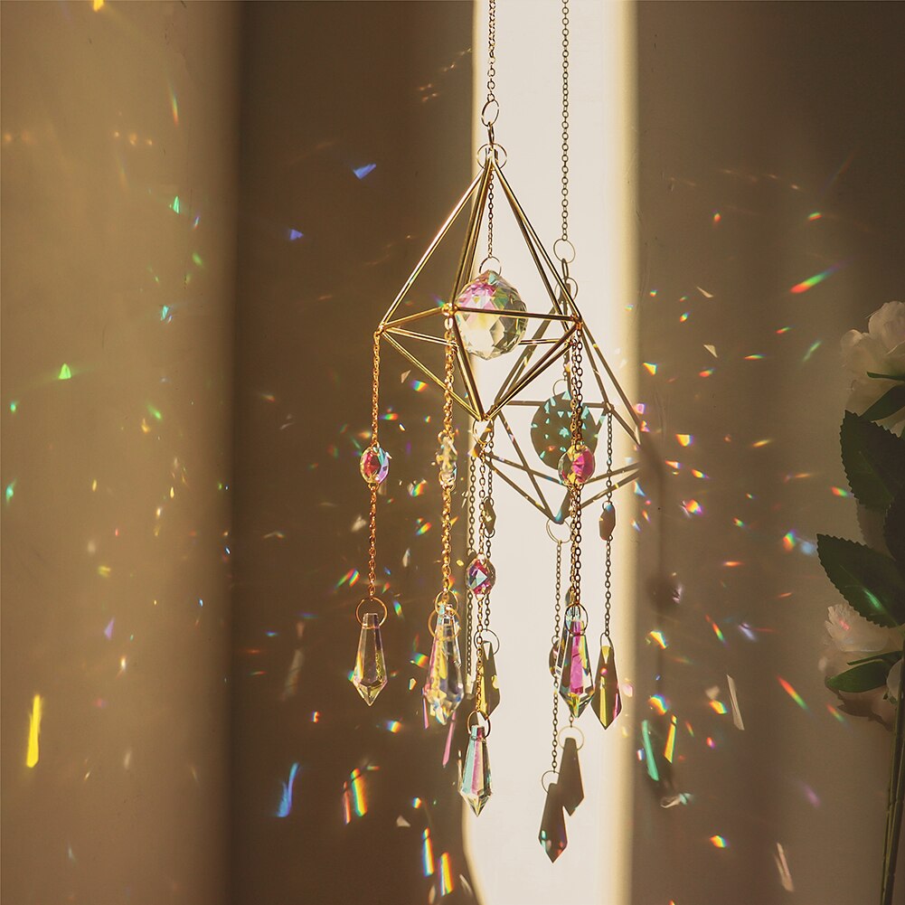 Carillón de viento de cristal con forma de diamante para decoración del hogar, adorno colgante para el sol, con forma de Luna, arcoíris, Prisma, atrapamoscas para jardín y Patio