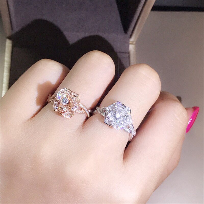 Leuke Mode Grote Rose Bloem Ring Luxe Vrouwelijke Rose Gold Engagement Ring Vintage Party Wedding Band Ringen Voor Vrouwen