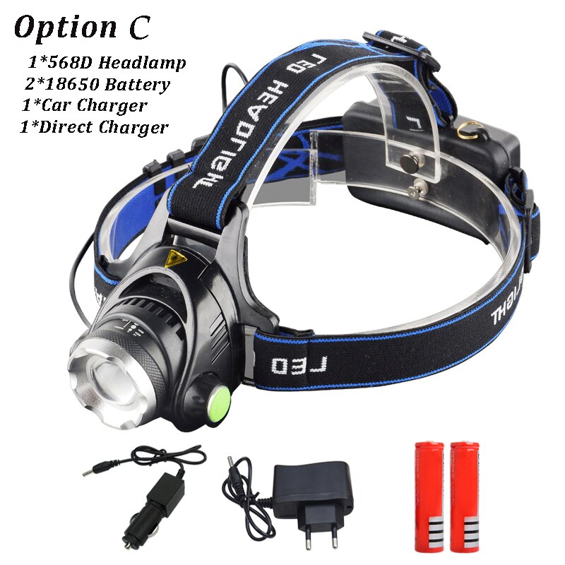 6000 Lumen Koplamp 5 * Led T6 Koplamp 4 Mode Koplamp Oplaadbare Head Lamp Zaklamp + 2*18650 Batterij + Ac/Dc Lader: option C