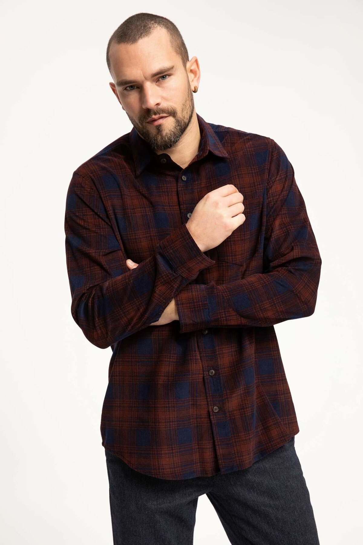 Defacto Herfst Klassieke Plaid Mannen Katoenen Shirt Donkere Kleur Grid Lange Mouwen Turn-Down Kraag Shirt-J1154AZ18WN-J1154AZ18WN