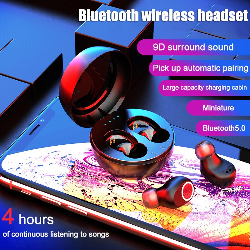 5.0 Draadloze Bluetooth Headset 350Mah Opladen Doos 9D Stereo Sport Waterdichte Oordopjes Headset Met Microfoon Met Make-Up Spiegel