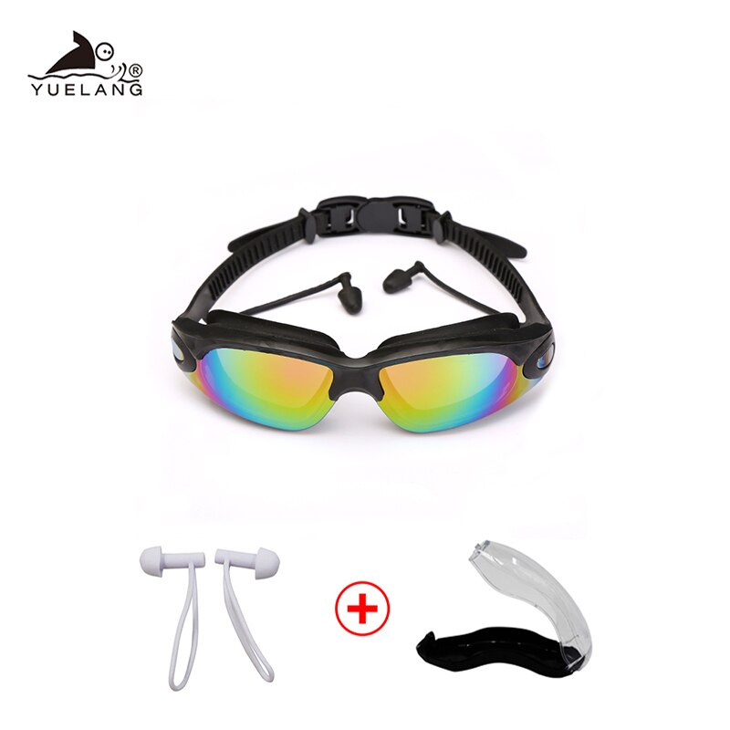 Zwembrillen voor volwassenen, waterdichte brillen, oordopjes, siliconen badmutsen, anti-condens zwembrillen voor in het zwembad, uv-zwembrillen voor in de arena: Zwart