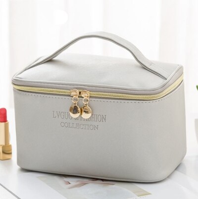Neceser grande de piel sintética para mujer, bolsa de maquillaje impermeable con cremallera, neceser de viaje, organizador de maquillaje, estuche de belleza, 1 ud.: L-Gray