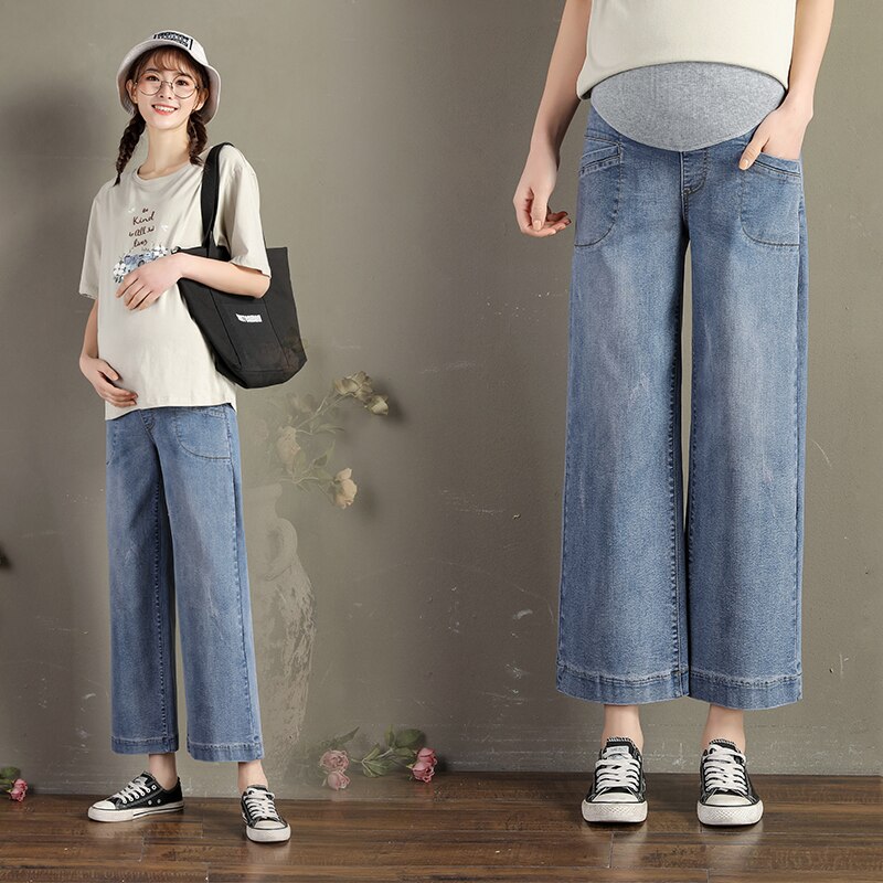 Schwangere Frauen breitbeinig Hosen verlieren Gerade Bauch Jeans Mit Taschen lässig Plus Größe Mutterschaft Baumwolle Schlauch