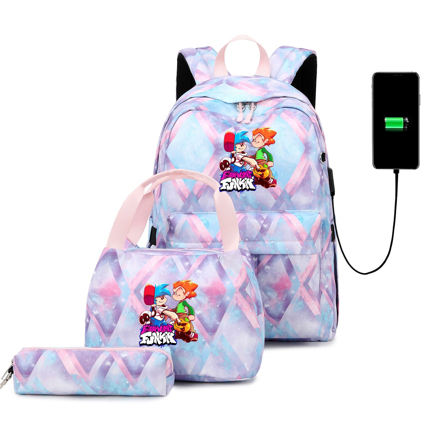 Funkin-mochilas escolares para adolescentes, niños y niñas, juego de Mochila de viaje con carga USB, bolsa de libros para estudiantes, Juego de 3 unids/set: 010
