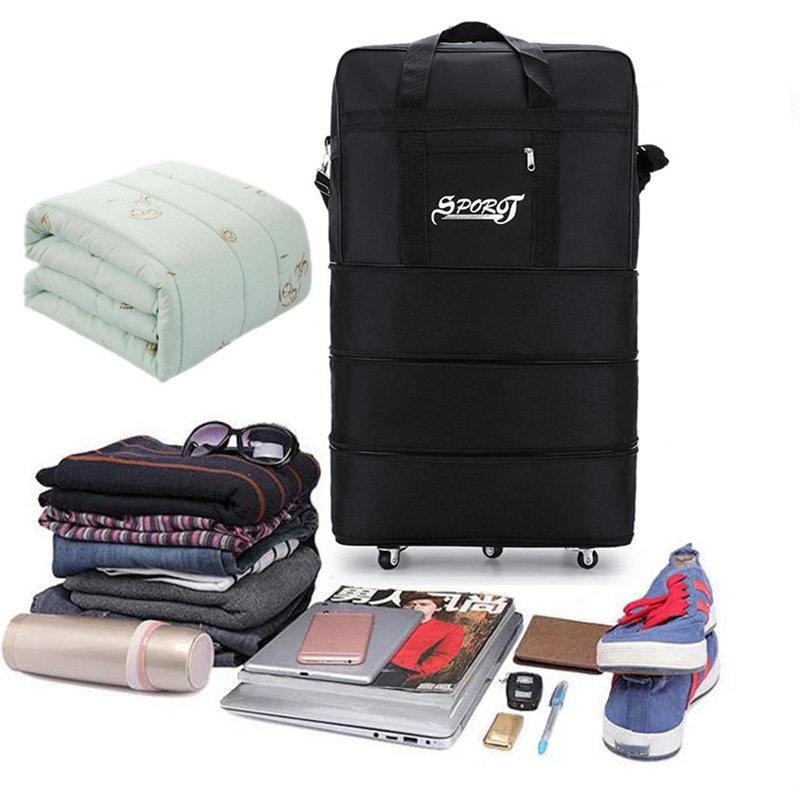 Paquete de viaje con ruedas para mujeres y hombres, equipaje con ruedas plegable expandible, Maleta negra versátil para viaje de fin de semana, bolsa de noche