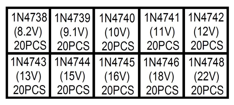 10 valores 200 Uds (1N4738 ~ 1N4748) 1N4739 1N4740 1N4741 1N4742 1N4743 1N4744 1N4745 1N4746 diodo Zener surtido Kit electrónico