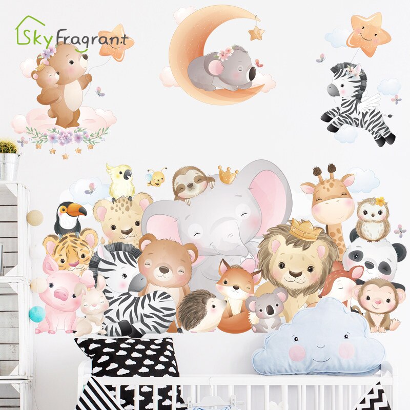 Cartoon Cute Animals Wall Stickers For Kids Rooms Baby Boy Bedroom Wall Decorations Self Adhesive Decoration Stickers Home Decor