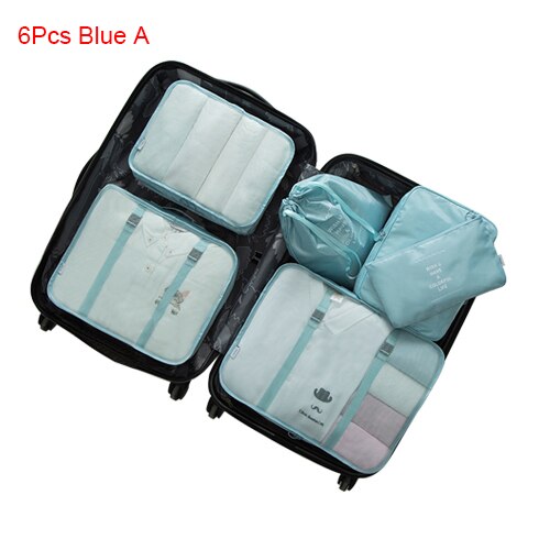 Mihawk Travel Bags Sets Waterproof Packing Cube Portable Clothing Sorting Organizer Luggage Tote System Durable Tidy Pouch Stuff: 6Pcs Blue A