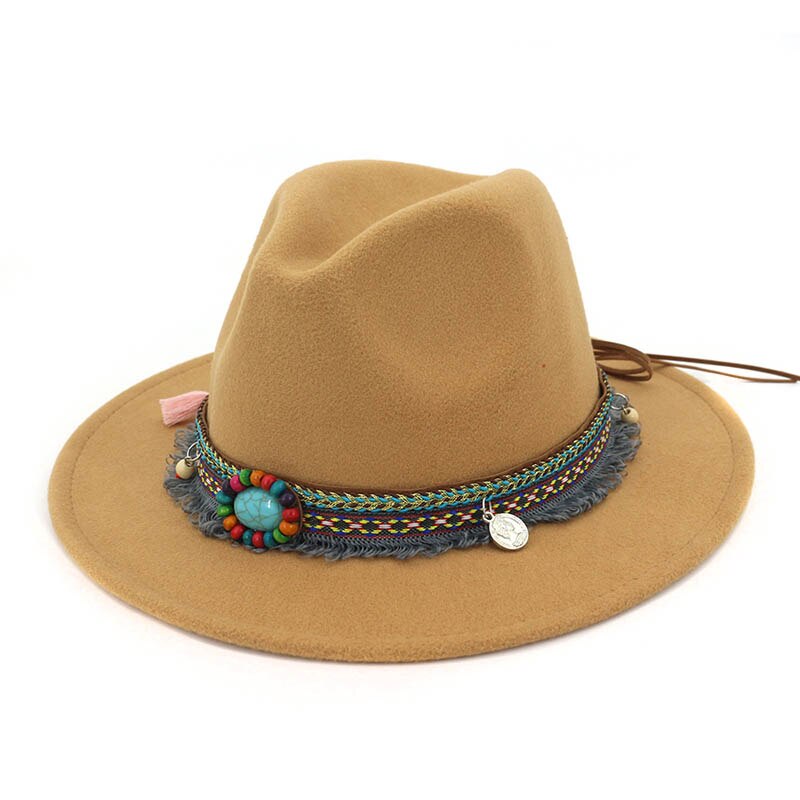 Women Jazz Caps Hats Bohemia Style Woolen Hats for Spring Summer Beach MC889: Camel