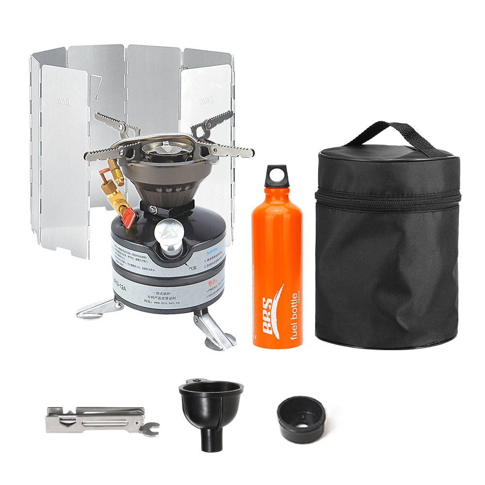 Portable One-piece Outdoor Gasoline Stove Camping Hiking Burner with 750ml Empty Gas Tank Fuel Bottle and 8-Plate Windshield
