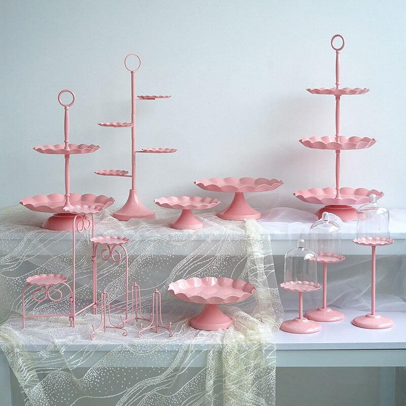 Pink Wavy Style Cake Stand Combination Princess Party Dessert Stand Daughter Birthday Cake Tray Cake Decoration Accessories