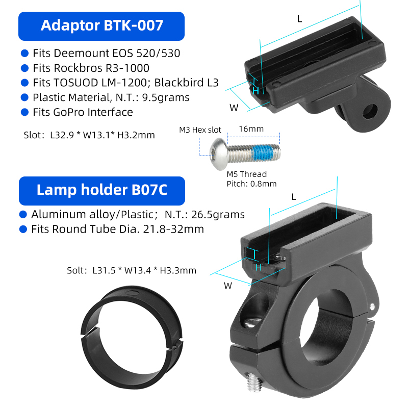 Adaptador para faro EOS530/520 para Rockbros /Blackbird L3, soporte de lámpara frontal, vástago de manillar, horquilla, soporte para casco, compatible con GoPro: Azul